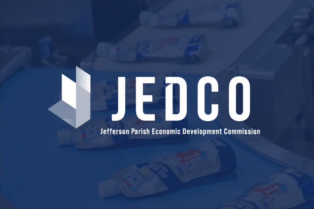 Icee pouches on a conveyor belt, overlaid with a JEDCO logo