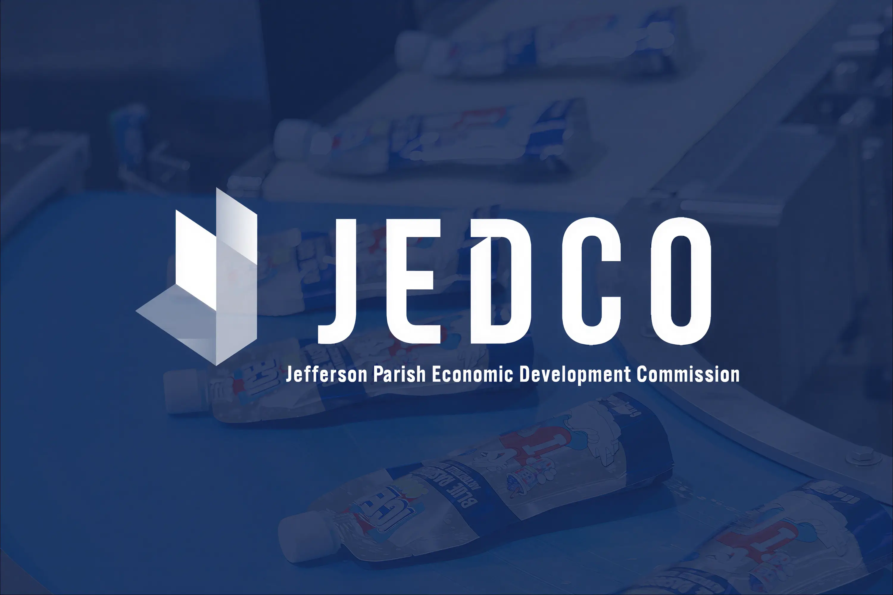 Icee pouches on a conveyor belt, overlaid with a JEDCO logo