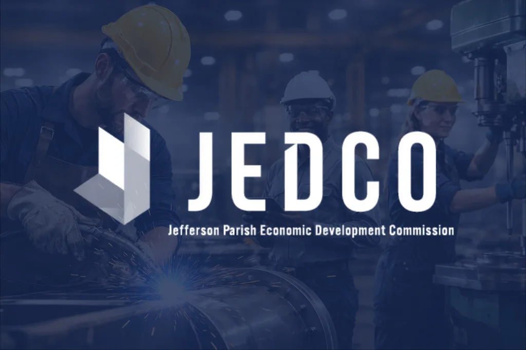 Construction workers welding, overlaid with a JEDCO logo