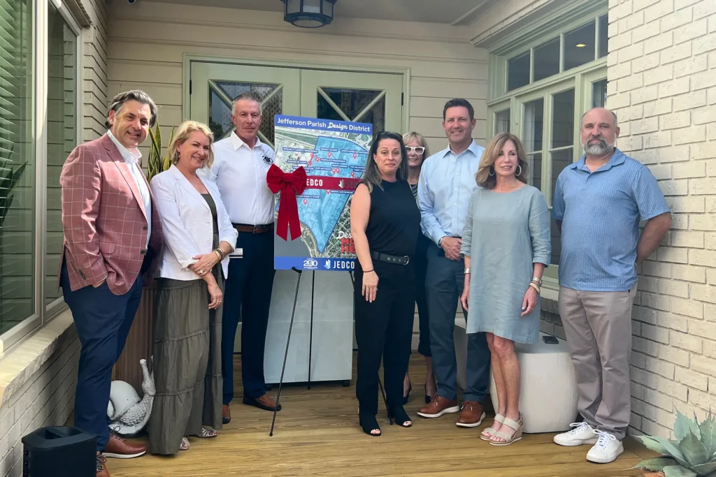 A group gathered for the Design District ribbon cutting