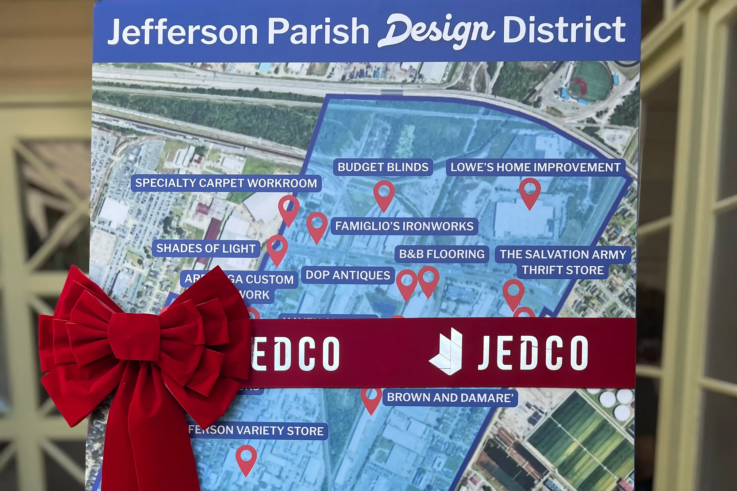 Locator dots on a board promoting the Design District