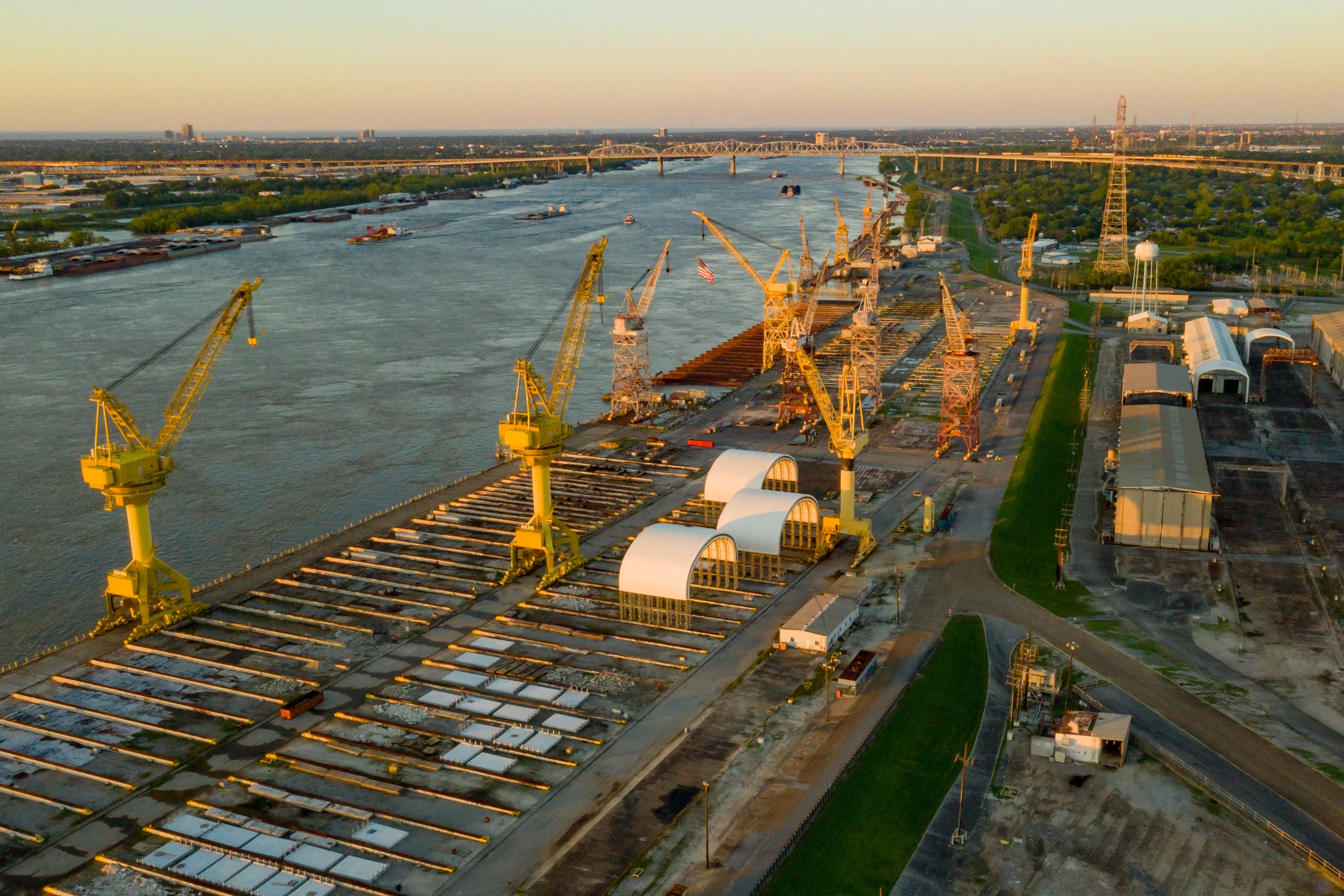 An aerial view of the bay and its cranes