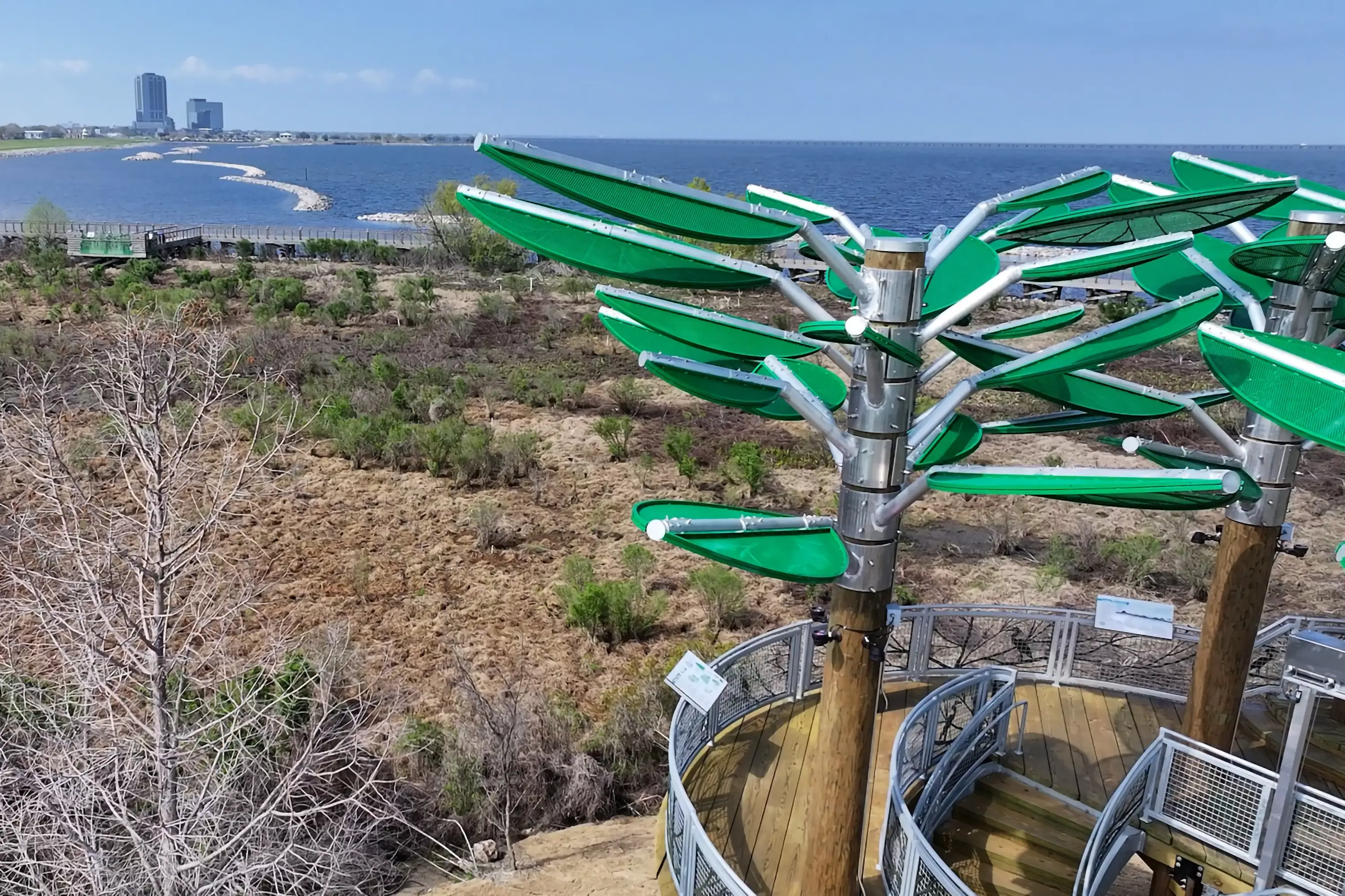 Metal tree structures on the Bucktown Harbor Nature Walk