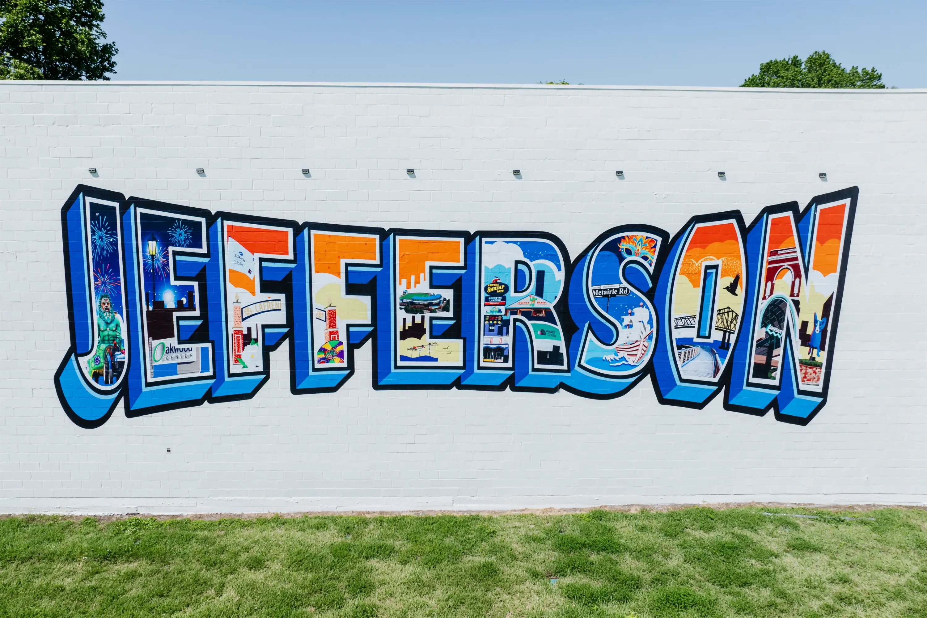 Jefferson lettering mural on a blank wall