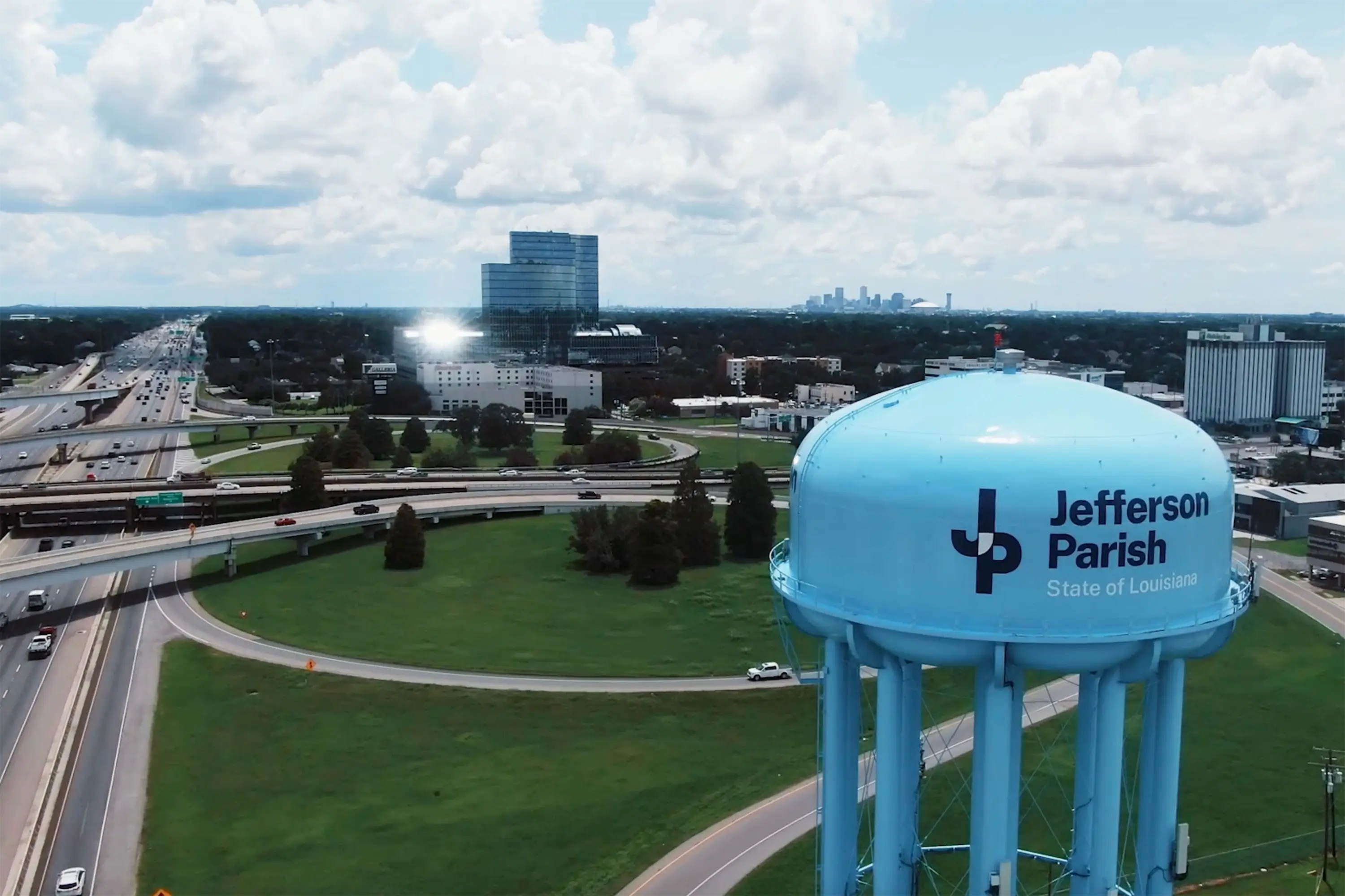 An aerial shot of the Jefferson Parish water tower
