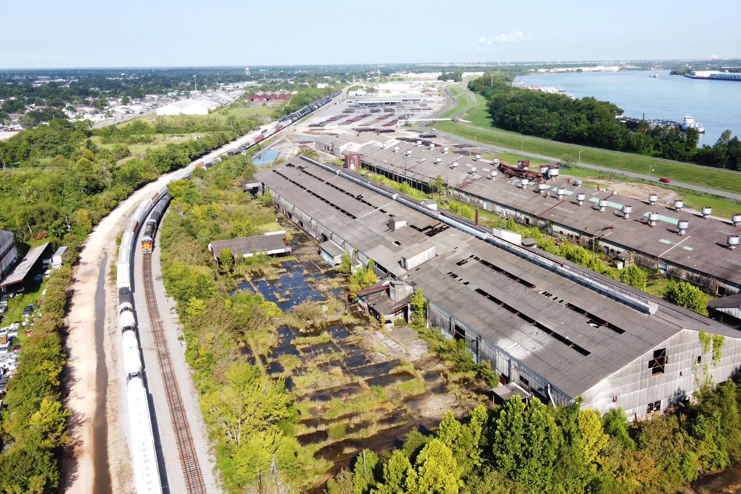 An aerial view of railroad tracks by the North Miss River