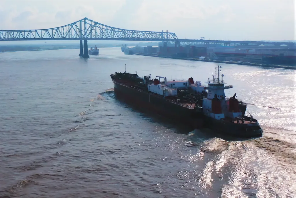 A ship sailing through a river with a bridge in the background
