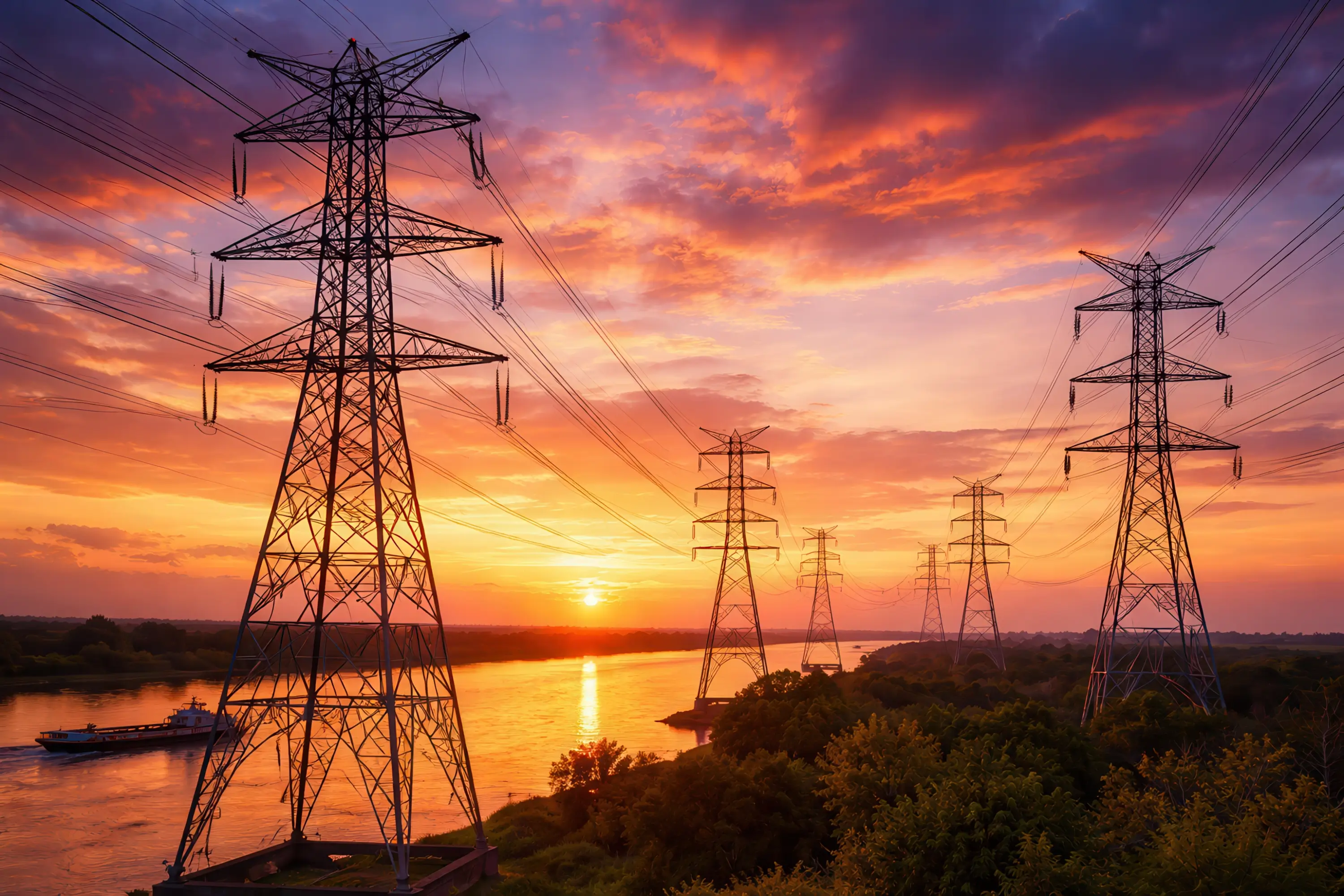 Utility power lines by the water at sunset