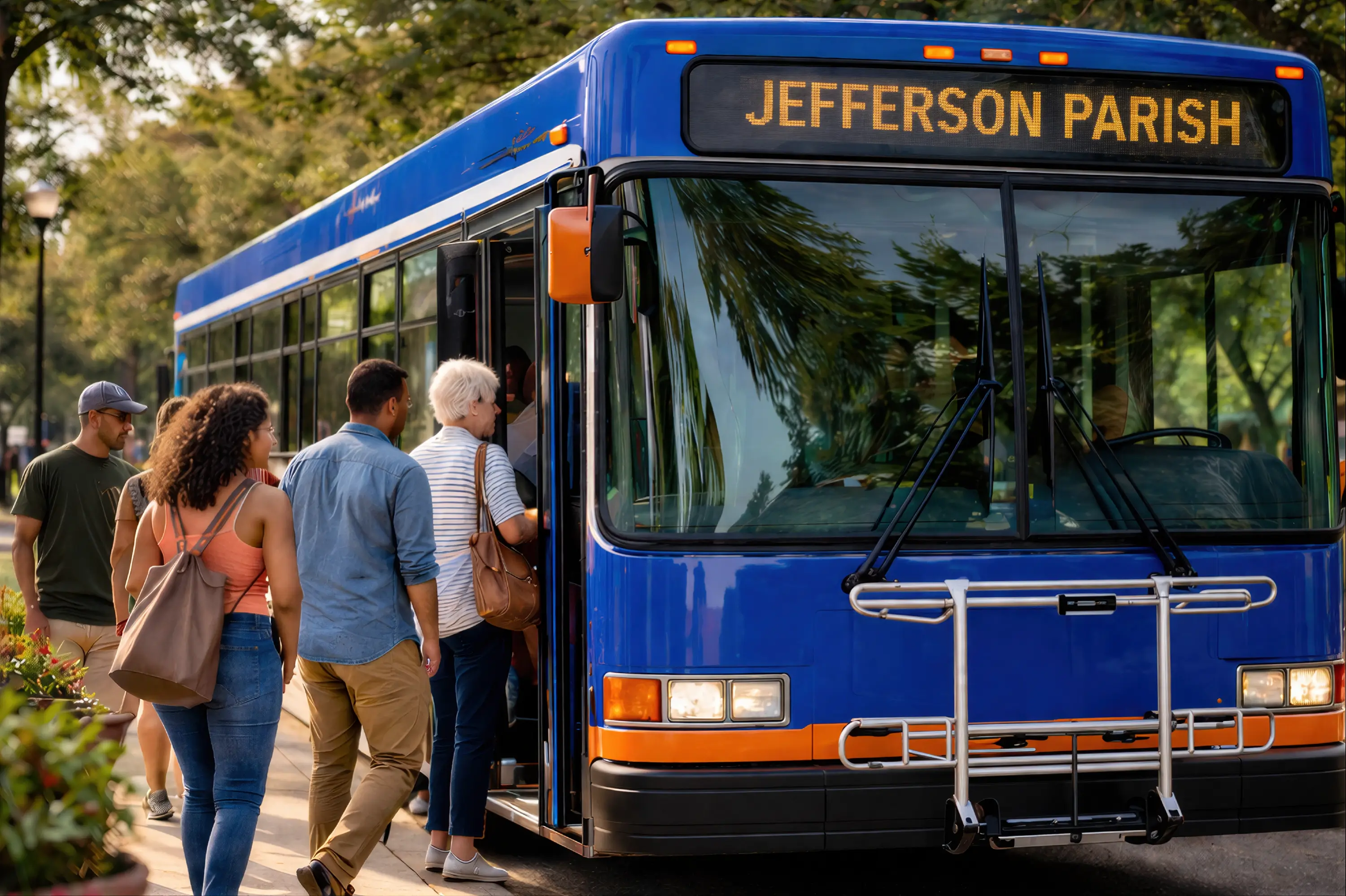 A generated image of people loading into a Jefferson Parish bus