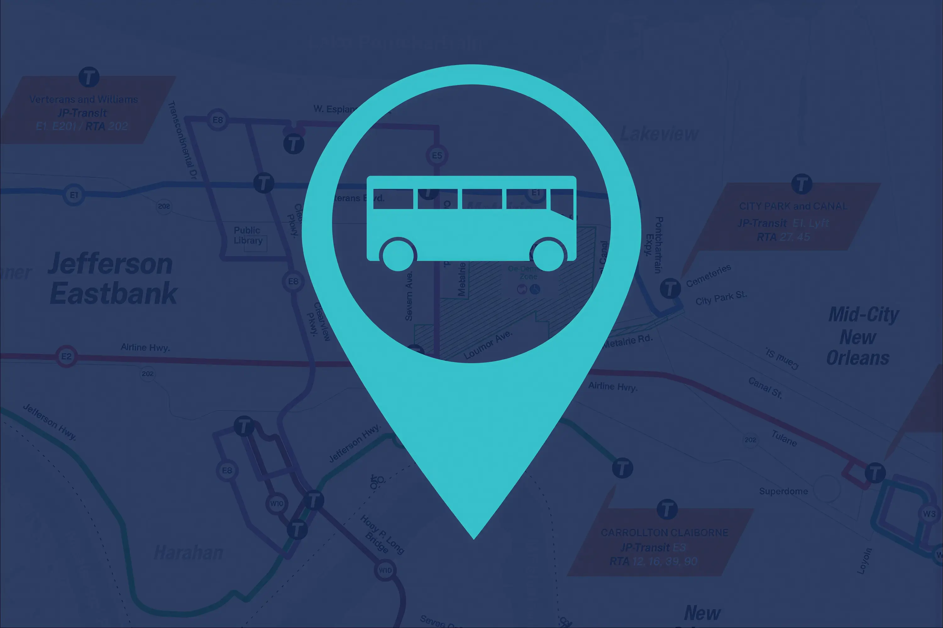 A bus locator icon overlaid on a map