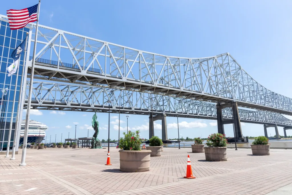 A port with a bridge and flags