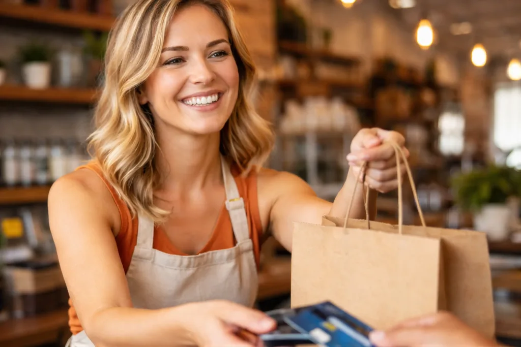 A stock photo of a woman running a card