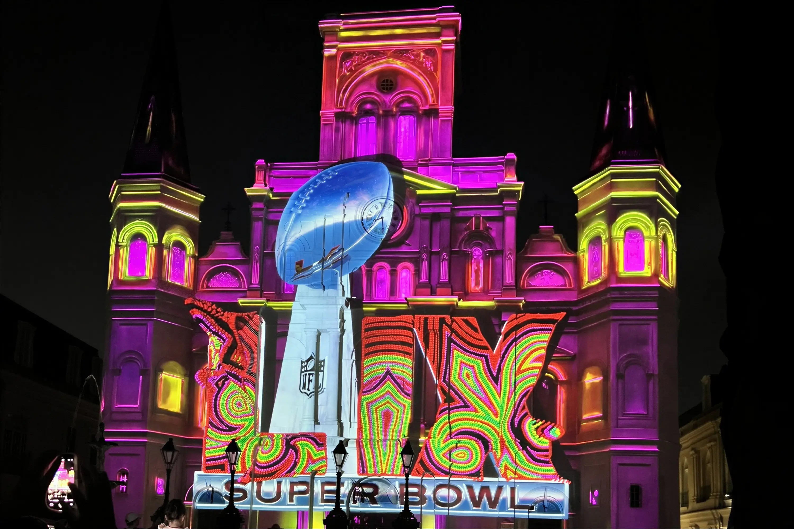 A projection on a building for Super Bowl LIX